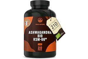 Bio Ashwagandha KSM-66 | Actif breveté - 210 Gélules - 600mg, dont plus de 5% de Withanolide - Vegan, Ayurveda - Sans: Lactose & Gluten - TRUE NATURE