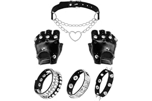 Asheyya 5 Pcs Emo Accessories Set, Punk Clothes with Goth Choker Studded Bracelet Fingerless Leather Gloves for Women Men Fancy Dress