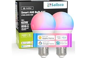 sailsco Matter Lampadina WiFi E27 Intelligente LED Smart,Compatibile con Alexa,Google Home,Smart Life, 9W(Equivalenti a 60 W), Dimmerabile RGB+2700K-6500K Lampadine Multicolore A60, Pacco da 2