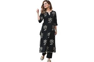 Arayna Women's Gold Printed Rayon Black Kurta Set with Palazzo Pants