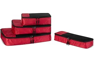 Amazon Essentials 4 Cz. Zestaw Akcesoriów Podróżnych do Pakowania, Organizer na Bagaż z Podwójnym Zamkiem, Klapa Górna z Siatki, 100% Poliester, Mały/Śr./Duży/Slim, Czerwony (Wcześniej Amazon Basics)