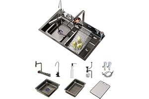 FIVIXIL Évier de cuisine évier double cascade avec affichage LED et lumière d'ambiance avec lave-tasses, distributeur de savon, bonde à commande à distance (Gris canon, 85 * 45 * 22cm)