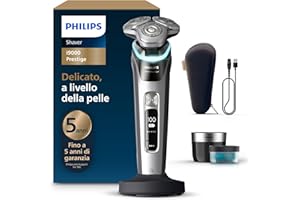 Philips Shaver i9000 Prestige, rasoio elettrico Wet & Dry, con tecnologia Skin IQ, triplo sistema di sollevamento e taglio, doppie lame rotanti in acciaio di precisione a 360°, modello XP9205/30