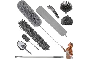 AQASH Plumeau Téléscopique Lavable Long Extensible 2,45m - Plumeau et Balai d’Angle Flexible pour Nettoyer Les Coins, Plafonds, Toile d’Araignée, Microfibres, Magnétique, Set de 9 Pièces