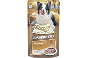 Stuzzy, Monoprotein Grain & Gluten free, comida húmeda para perros adultos, sabor pollo fresco, en paté - total 1,8 kg (12 sobres x 150 gr)