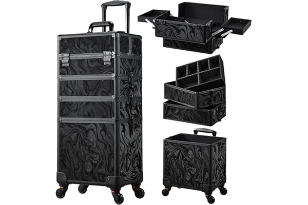 Valise de Maquillage 4-en-1 XXL Grande Capacité, Cadre Aluminium Mallette Cosmétique Verrouillable à roulettes 360°, pour Coiffure, Onglerie, Alpine Noir