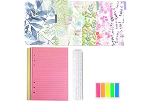 QincLing Refillable A5 Notebook Set，1 Pack 50 Sheets 6 Holes Loose-Leaf Lined Refill Paper, 6 PCS PVC Binder Index Dividers Subject Dividers, Ruler And 125 Pcs Note Flags Index Tabs