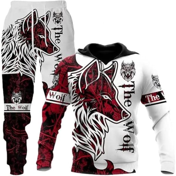 Hommes Wolf Hooded Jacket + Pantalons Automne Hiver Animaux 3D Imprimer Casual Hooded Pantalons