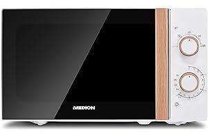 MEDION Micro-ondes (aspect bois, 20 litres, 700 watts, porte miroir, 5 niveaux de puissance, fonction décongélation, minuterie, MD10596) blanc