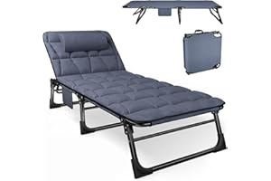 ATORPOK SHOP Foldable Sun Lounger with 5-Position Adjustable Backrest, Portable Multi-Use Camping Bed & Reclining Chaise Chair for Garden/Beach/Pool/Patio, Includes Padded Mattress & Pillow - Blue