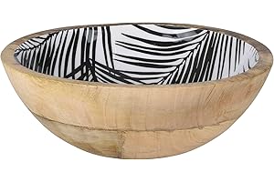 Rammento 20cm Mango Wood Decor Bowl - Black & White Floral Print, Ideal for Fruits or Potpourri, Handcrafted in India, Perfect as a Standalone Decor Piece or for Displaying Items