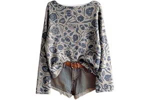 PINTUTU Boho Vintage Rundhals Strickpullover Damen Herbst Winter Casual Langarmshirt Floral Print Bequem Oberteil Bluse Trendiger Übergröße Strickwaren Pullover Große Größen