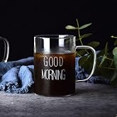 B&uuml;y&uuml;k Boy Good Morning Cam Kupa Kulplu Bardak Borosilikat Isıya Dayanıklı Cam Kupa 450 ml