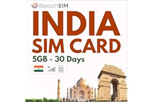 BeachSIM Tarjeta SIM India paran30 dias. 5GB de Datos a velocidades 4G/5G. Solo SIM de Datos prepago. Activación rápida. Fácil Recarga. Funciona en Dispositivos iOS y Android.