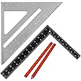 7" Aluminum Alloy Speed Square - 180 mm Roofing Square | Roofer Angle Measuring Triangle Guide | Speed Square Tool with 12" Black Metal L Shape Square | 2 Carpenter Pencils | Builder Framing Square.