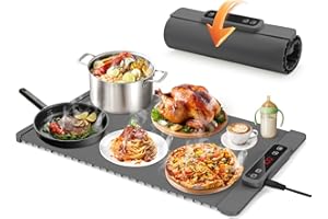 BULAGE Warmhalteplatte Elektrisch, Speisenwärmer Mit 5 Einstellbarer Temperatur & 4 Stunden Timer, Faltbare Silikon Wärmeplatte essen Elektrisch buffetwärmer heizplatte für Warm Halten oder Auftauen-grau