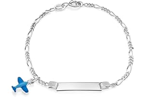 AKA Gioielli® - Bracelet d'Identification Nom Enfant Argent 925 avec Avion Bleu, Cadeau Bébé Garçon