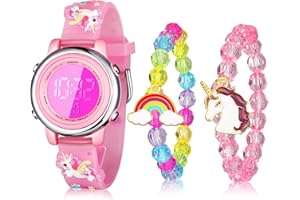 YAOMIAO 3 Pezzi Orologio e Bracciale con Unicorno per Bambini Orologio Digitale con 7 Luci Colorate con Cronometro Allarme Regalo di Compleanno Pasqua per Ragazze di 3-10 Anni (Stile Adorabile)