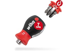 Wiha Schraubendreher Stubby mit Bit Magazin magnetisch (33741) I Schlitz, Kreuzschlitz I mit 6 Bits, 1/4"