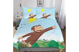 Entemah Curious George Copripiumino Anime carino Set Di Biancheria Da Letto Stampata 3D Set Biancheria Da Letto 3 Pezzi in Microfibramorbido, Resistente, Traspirante Double（200x200cm）