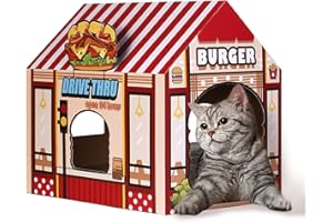 SEKAM Cat Burger Shop Cat House with Scratcher, Catnip, Triangle Design, Indoor, 16.5"L x 12"W x 15"H, Catnip Included