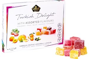 ÇEREZ PAZARI Cerez Pazari Turkish Delight with Strawberry, Peach, Melon, Tangerine, Blackberry Flavours 230g, Gourmet Small Size Snacks Gift Box, No Nuts Sweet Traditional Vegan Soft Candy Dessert