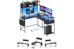 KIMENICH Bureau Gaming LED, Bureau d'angle avec Rangement, Multiprise, avec 2 Chargeur USB, 3 Prises, Support d'écran, Étagère, Tiroir, Crochets et Poche, Noir