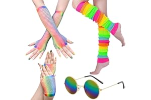 BDSHUNBF Fantazyjny kostium w stylu lat 80., krótkie rękawiczki kabaretki, długie krótkie rękawiczki kabaretki, neonowe ocieplacze na nogi z neonowymi okularami, na lata 80. fantazyjne przebranie na