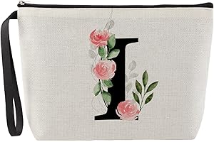 Blisswave Trousse de Toilette Femme, Trousse Maquillage Personnalisée avec Nom De a à z, Fermeture Éclair en Métal de Haute Qualité, Design Imprimé Exquis, Doublé, Cadeaux Personnalisés (Beige)