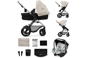 KK KINDERKRAFT Kinderkraft MOOV2 AIR Poussette 3 en 1, Système de voyage de la naissance à 22 kg, Siège auto Mink PRO I-Size inclus, Capote extensible avec filtre UPF50+, Roues gonflables, Gris