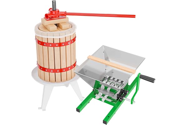 Wiltec Set 18L Fruktpress i bokträ samt pressduk och fruktkvatn med 7 l tratt, för tillverkning av saft, juice, vin och mäsk