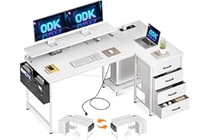 ODK Scrivania Angolare con 4 Cassetti, 140x80cm Scrivania ad Angolo Reversibile con Prese, Scrivanie a L con Scaffali Portaoggetti Tavolo con Borsa Portaoggetti per Casa Ufficio, Bianco
