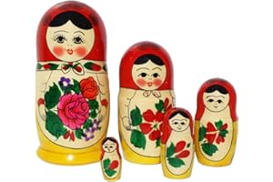N_FROMM Matroschka Puppen russische Babuschka Matruschka Matrjoschka Original Klassisch 5 Steckpuppen 16cm aus Holz rotes Kopftuch