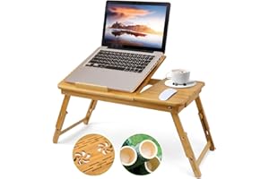 LULIZZIE Tavolino Letto PC Bambù, con 5 Livelli, Inclinazione Regolabile. Scrivania da Divano Pieghevole per Studiare, Mangiare. Tavolo Portatile Supporto PC con Fori Ventilazione