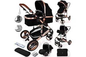 BAYOBAY 3 in 1 Travel System Baby Pram Buggy with Car Seat Pushchair Carriage Child Lightweight Folding Stroller for Newborns Toddlers from Birth up to 22kg New 2025 Style (BB2 - Black Gold, BB2)