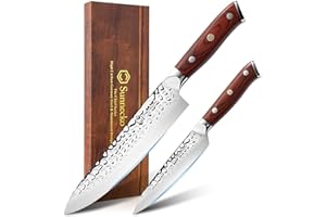 Sunnecko Couteaux de Cuisine 2pcs, Set Couteau Cuisine en Acier Allemand 56HRC, Couteau Japonais Manche en Pakkawood, Couteau Office 13cm, Couteau de Chef 20cm