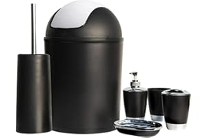 1 CLICK BUY Bathroom Set 6pc Bathroom Accessories Set Bin Soap Dispenser Toothbrush Tumbler (Black)