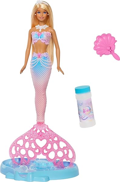 Barbie Bubble Sparkle Meerjungfrau-Puppe mit Seifenblasenfläschchen und -lösung, Tablett und Bürste, extralanges Blondes Haar mit Farbsträhnchen, JLW56 - 1