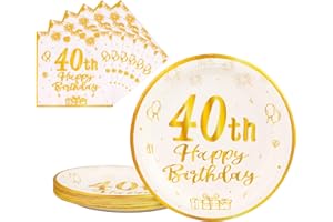 AHPYEUHK 40 Anni Compleanno Piatti Carta 25 PCS & Tovaglioli 25 PCS Oro Bianco 9 Pollice Stoviglie Festa Piatti di Carta Compleanno Decorazione Regalo di Festa per Uomo Donna