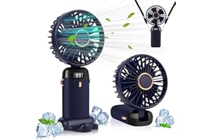 LYMYBETY Portable Handheld Fan, 4000mAh Mini USB Rechargeable Fan with Digital Display, Small Personal Pocket Fans with 5 Speeds, Hand Held Fans with Lanyard and Base for Home Travel (Blue)