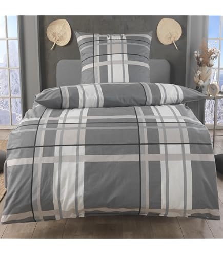 One-home Winter Flanell Bettwäsche Biber Baumwolle - 2-teilig 155x220cm Petrol/Anthrazit Kuschelig Warm