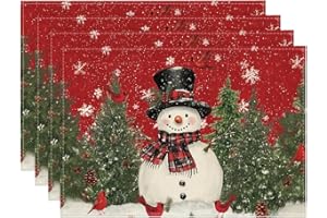 ‎ARTOID MODE Artoid Mode Schneemann Rot Schals Kiefern Weihnachten Platzsets 4er Set, 30x45cm Urlaub Tischsets Waschbar Platzdeckchen Küche Party Deko