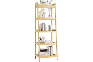 vovala Bookshelf, 5 Tier Ladder Bookcase with Bamboo Frame, Freestanding Tall Narrow Display Plant Shelf for Living Room, Kitchen, Bedroom, Balcony, Natural