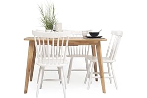 Homely – Conjunto de Comedor de diseño nórdico MELAKA Mesa Extensible de 120/160x80 cm Roble y 4 sillas Vicky Blanco