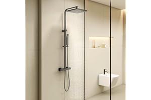 KOMIRO Duschsystem mit Thermostat, Regendusche mit armatur, Duscharmatur Schwarz, Duschgarnitur Kopfbrause, Verstellbarer Duschstange, Duschsäule Eckig