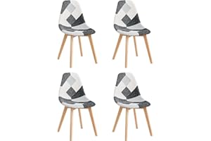 GrandCA HOME Pack de 4 Sillas de Comedor Sillas de Cocina, con Patas de Madera, Sillas de Tela Patchwork con Cojín de Asiento Acolchado, Negro