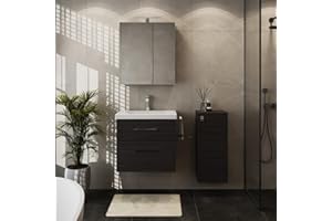 Planetmöbel Badmöbel Set Waschtisch mit Unterschrank 63 x 60 x 36,5 cm, Spiegelschrank 60 cm mit LED-Leuchte (schwarz matt) & Steckdose, inkl. Midischrank, Moderne Badezimmer Möbel, Weiß