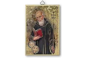 F.LLI BONELLA Fratelli Bonella | Cuadro sagrado sobre madera MDF de álamo 8 mm con mosaico de lámina dorada de San Benito con oración en la parte posterior, 10 x 15 cm | Fabricado en Italia