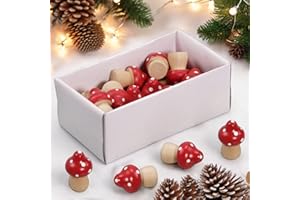 MIJOMA Set of 24 Mini Mushrooms Wooden Toadstools Christmas Decoration Autumn Decoration Table Decoration DIY Crafts Fairy Garden Flower Pots Bonsai Decoration Lucky Charm, 25 mm Red/White