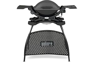 Weber Q1400 BBQ Elettrico con Supporto, sup. cottura 43 x 32 cm, barbecue portatile, sup. cottura in ghisa smaltata divisa in 2, coperchio e corpo in alluminio pressofuso - Grigio scuro (52020853)
